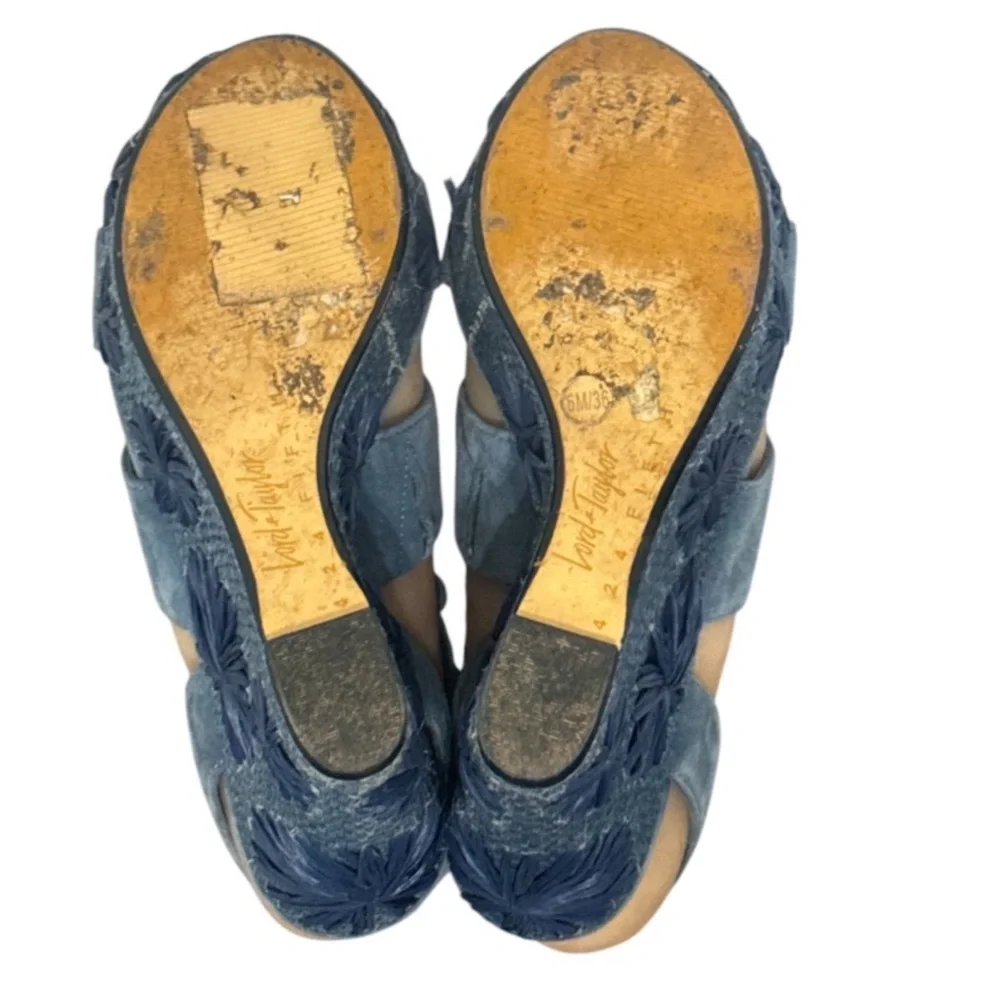 Authentic Lord & Taylor designer denim blue suede espadrille wedges sandals sz 6